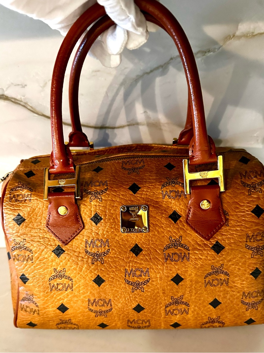 MCM Visetos Cognac Monogram Satchel with Red-Brown Handles - Picture 13 of 16